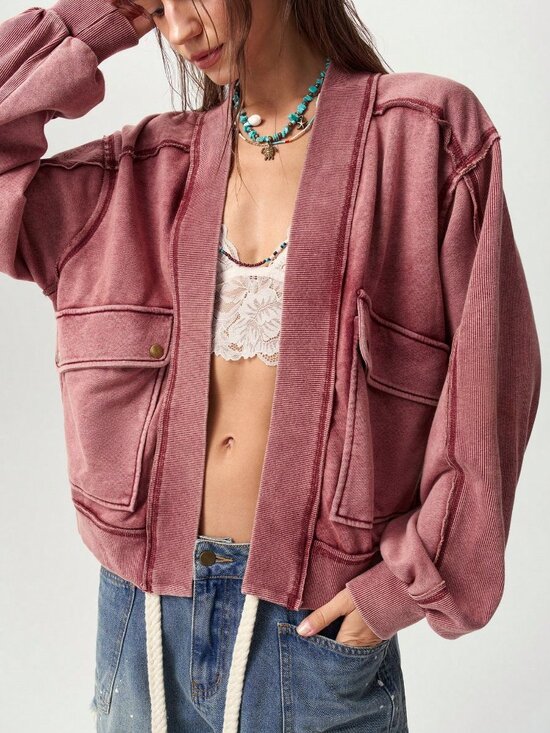 Jackets & Blazers - Red Casual Women's Knit Long Sleeve Loose Fit Regular Jacket